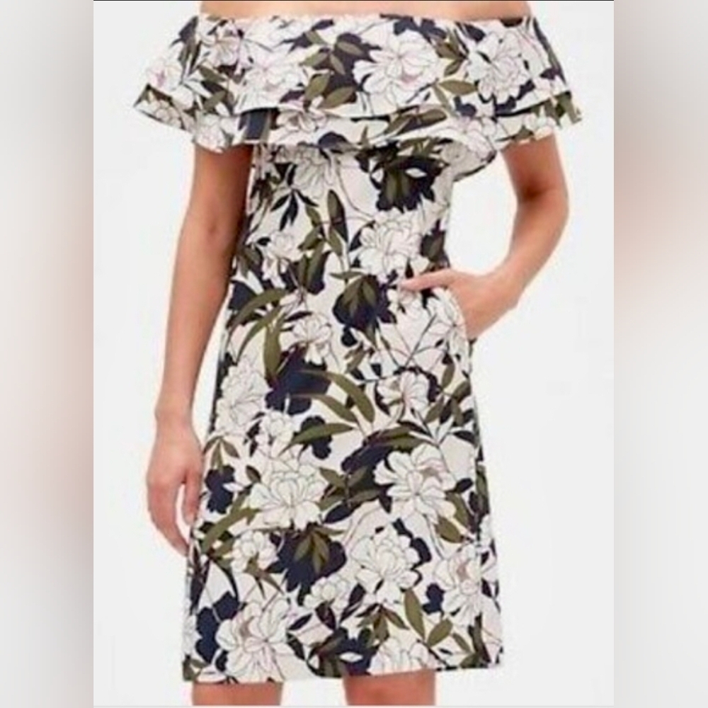 Banana Republic Floral Midi Dress in Black, White and Olive